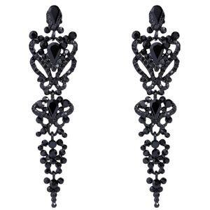 Carbon Black with Black Onyx Austrian Crystal Floral Knot Chandelier Earrings